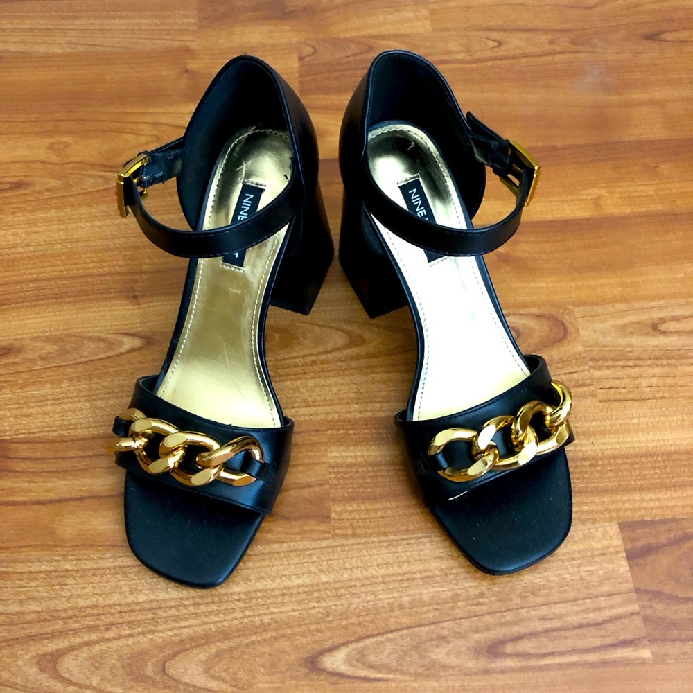 Black Chain-Accent Block Heel Sandals - NINE WEST